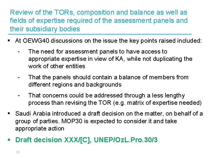 Review of the TORs, composition and balance as well as fields of expertise required