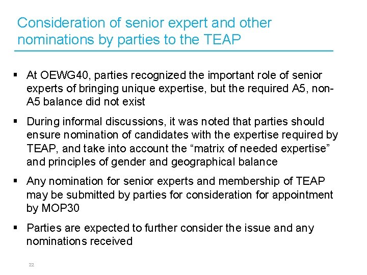 Consideration of senior expert and other nominations by parties to the TEAP § At