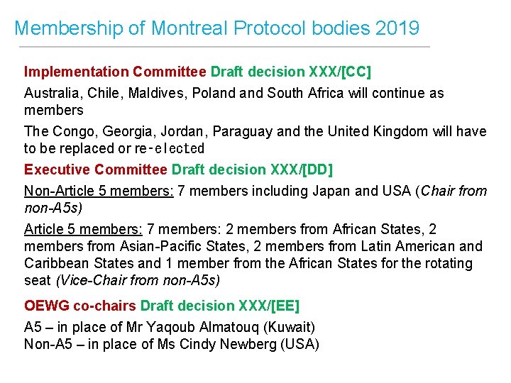 Membership of Montreal Protocol bodies 2019 Implementation Committee Draft decision XXX/[CC] Australia, Chile, Maldives,