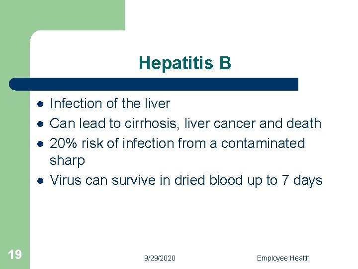 Hepatitis B l l 19 Infection of the liver Can lead to cirrhosis, liver