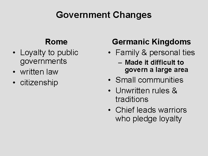 Government Changes Rome • Loyalty to public governments • written law • citizenship Germanic