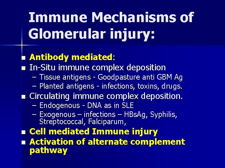 Immune Mechanisms of Glomerular injury: n Antibody mediated: In-Situ immune complex deposition n Circulating