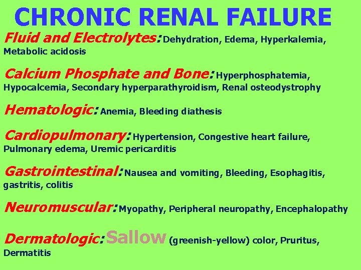 CHRONIC RENAL FAILURE Fluid and Electrolytes: Dehydration, Edema, Hyperkalemia, Metabolic acidosis Calcium Phosphate and