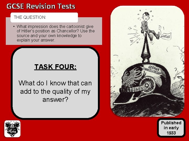 GCSE Revision Tests THE QUESTION: • What impression does the cartoonist give of Hitler’s