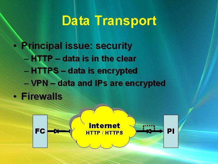 Data Transport • Principal issue: security – HTTP – data is in the clear