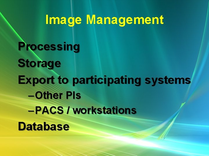 Image Management Processing Storage Export to participating systems – Other PIs – PACS /
