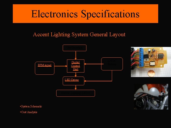 Electronics Specifications Accent Lighting System General Layout User Interface RPM signal Digital Control Unit