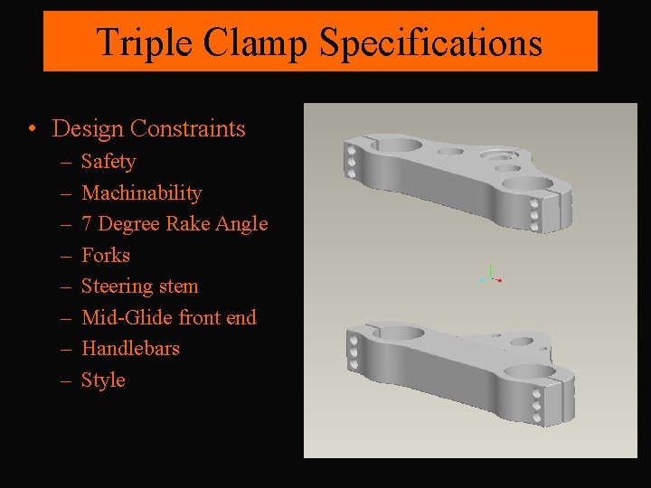 Triple Clamp Specifications • Design Constraints – – – – Safety Machinability 7 Degree