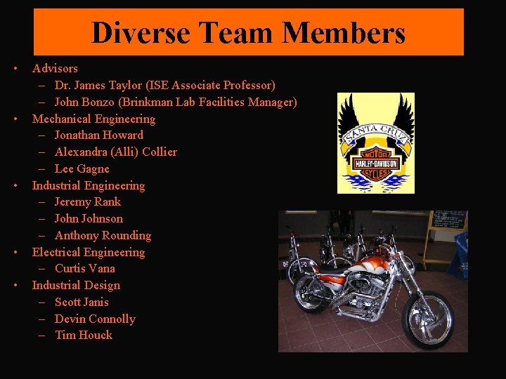 Diverse Team Members • • • Advisors – Dr. James Taylor (ISE Associate Professor)