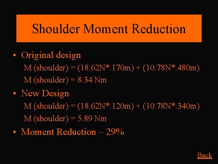 Shoulder Moment Reduction • Original design M (shoulder) = (18. 62 N*. 170 m)