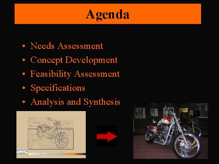 Agenda • • • Needs Assessment Concept Development Feasibility Assessment Specifications Analysis and Synthesis