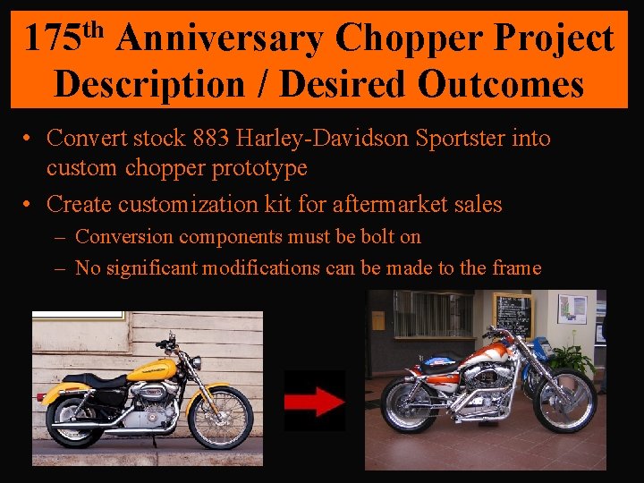 175 th Anniversary Chopper Project Description / Desired Outcomes • Convert stock 883 Harley-Davidson