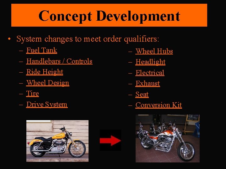 Concept Development • System changes to meet order qualifiers: – – – Fuel Tank