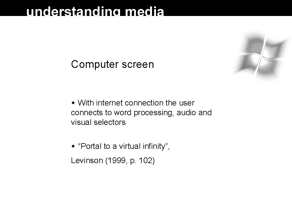 Computer screen With internet connection the user connects to word processing, audio and visual