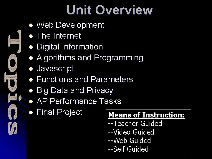 Unit Overview l l l l l Web Development The Internet Digital Information Algorithms