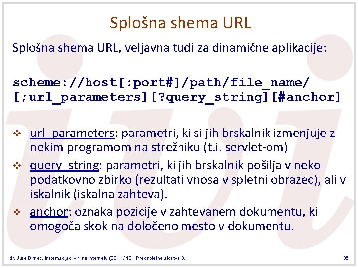 Splošna shema URL, veljavna tudi za dinamične aplikacije: scheme: //host[: port#]/path/file_name/ [; url_parameters][? query_string][#anchor]