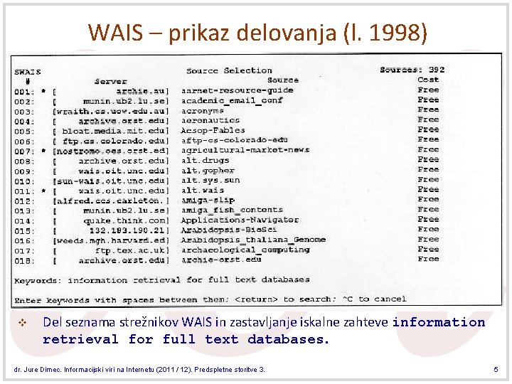WAIS – prikaz delovanja (l. 1998) v Del seznama strežnikov WAIS in zastavljanje iskalne