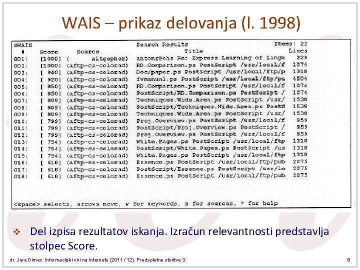 WAIS – prikaz delovanja (l. 1998) v Del izpisa rezultatov iskanja. Izračun relevantnosti predstavlja