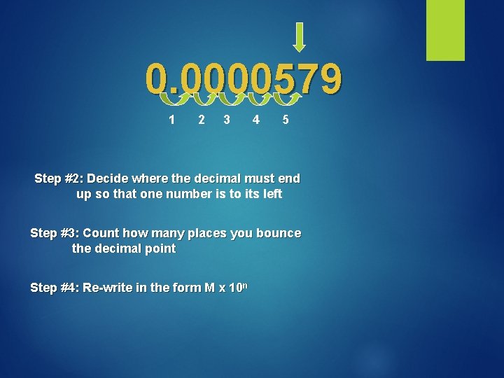 0. 0000579 1 2 3 4 5 Step #2: Decide where the decimal must