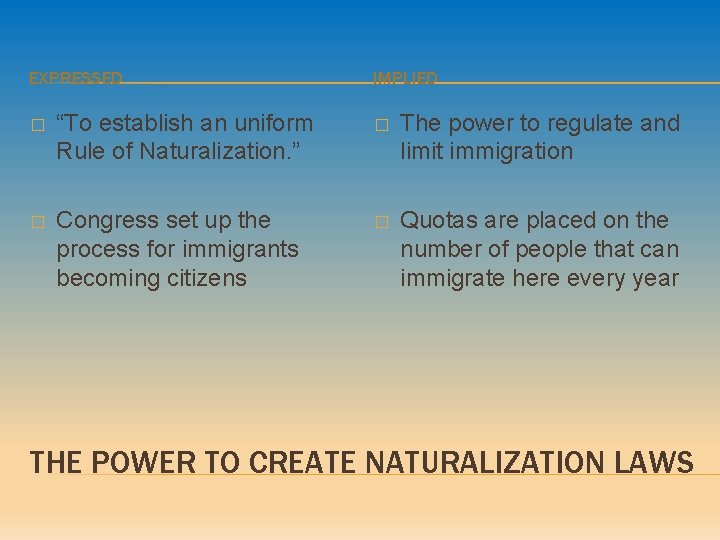 EXPRESSED IMPLIED � “To establish an uniform Rule of Naturalization. ” � The power