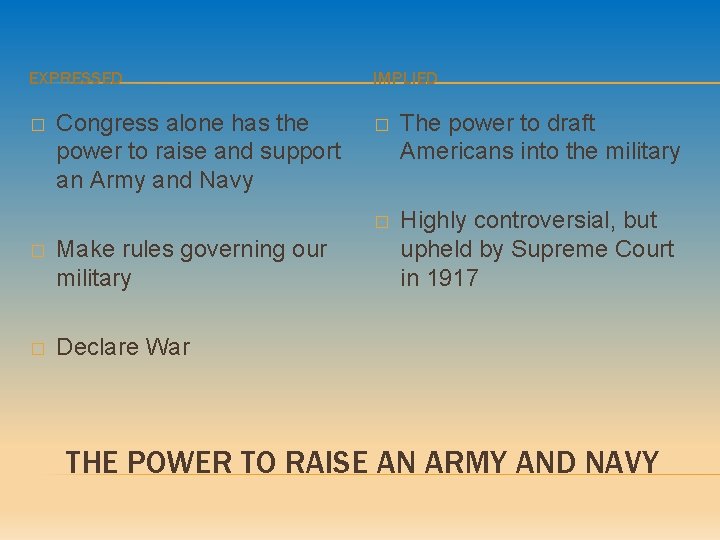 EXPRESSED � Congress alone has the power to raise and support an Army and