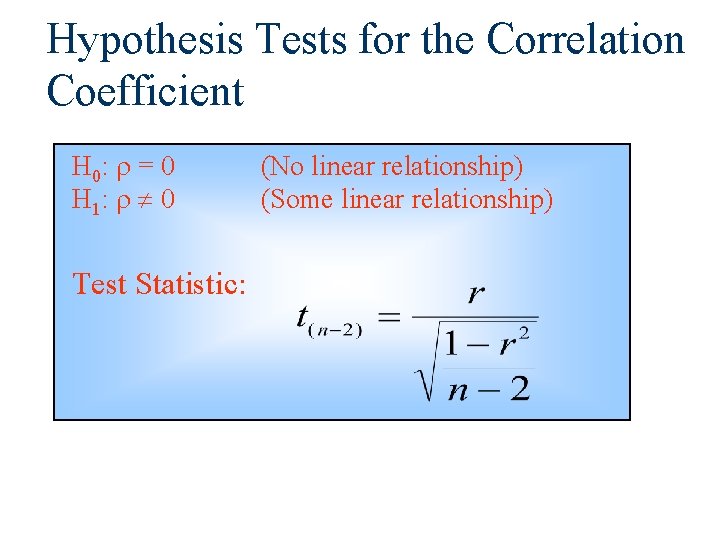Hypothesis Tests for the Correlation Coefficient H 0: = 0 H 1: 0 Test