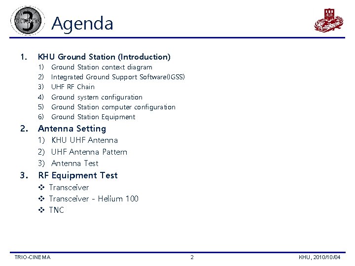 Agenda 1. KHU Ground Station (Introduction) 1) 2) 3) 4) 5) 6) 2. Ground