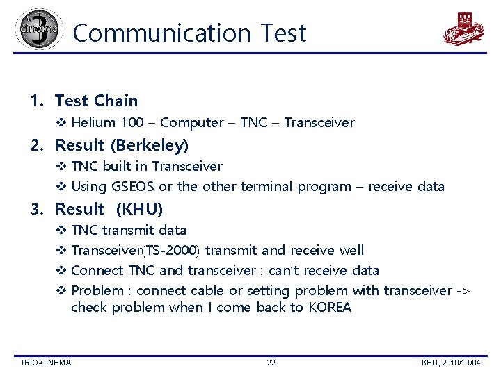 Communication Test 1. Test Chain v Helium 100 – Computer – TNC – Transceiver