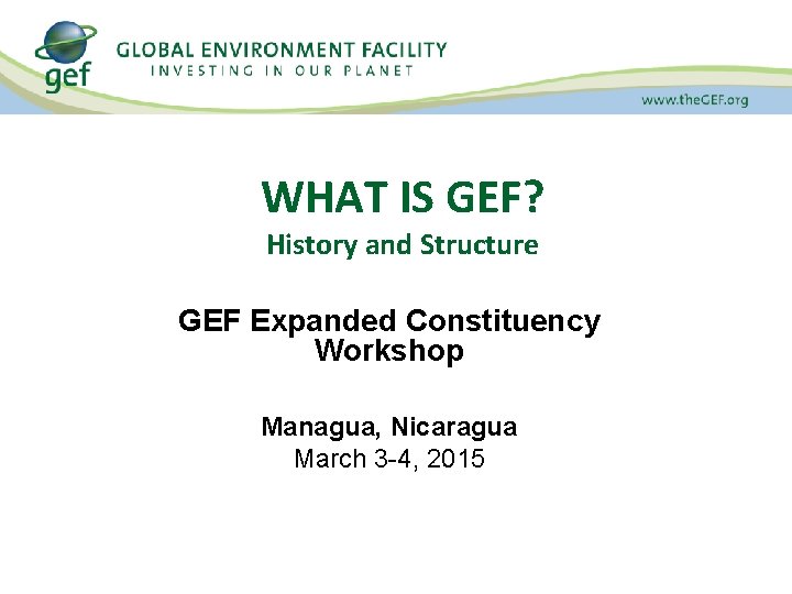 WHAT IS GEF? History and Structure GEF Expanded Constituency Workshop Managua, Nicaragua March 3