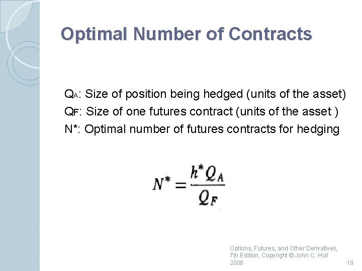 Optimal Number of Contracts QA: Size of position being hedged (units of the asset)