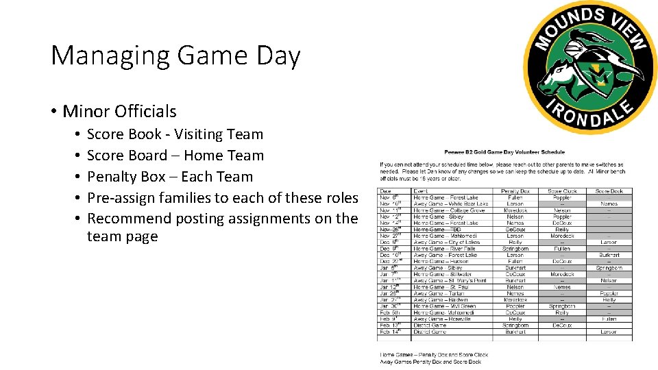 Managing Game Day • Minor Officials • • • Score Book - Visiting Team