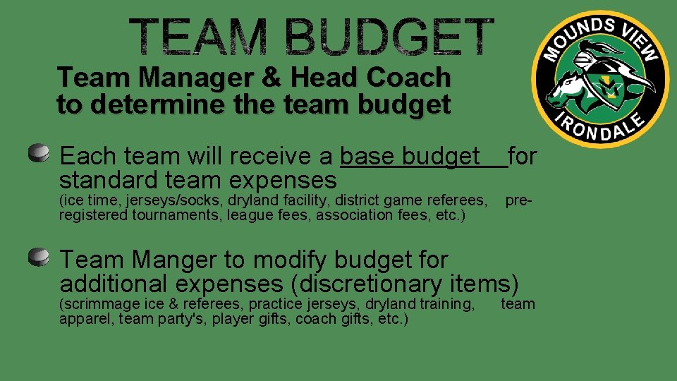 Team Manager & Head Coach to determine the team budget Each team will receive