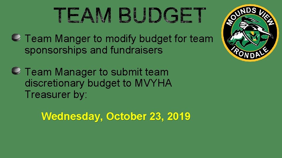 Team Manger to modify budget for team sponsorships and fundraisers Team Manager to submit