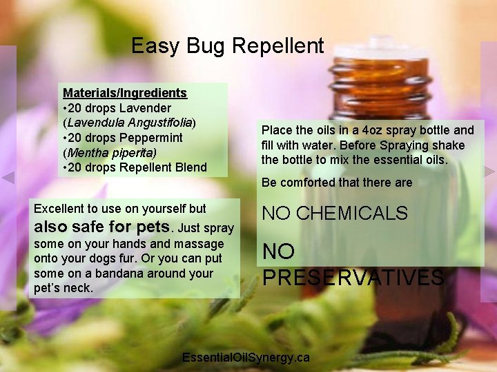 Easy Bug Repellent Materials/Ingredients • 20 drops Lavender (Lavendula Angustifolia) • 20 drops Peppermint