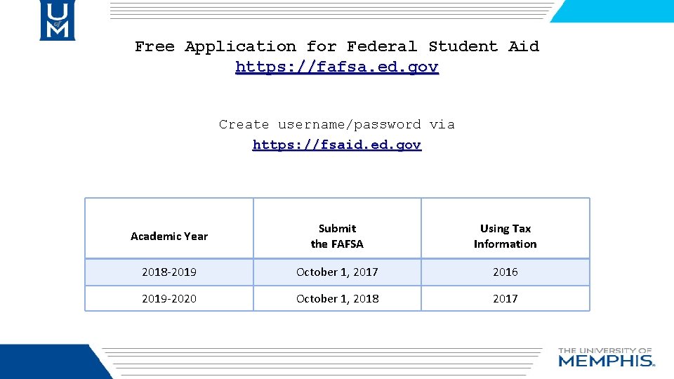 Free Application for Federal Student Aid https: //fafsa. ed. gov Create username/password via https: