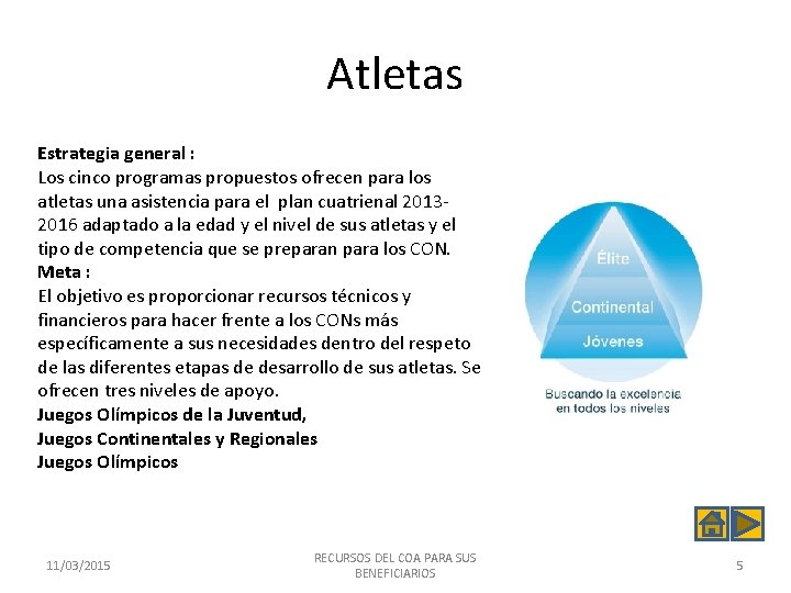 Atletas Estrategia general : Los cinco programas propuestos ofrecen para los atletas una asistencia