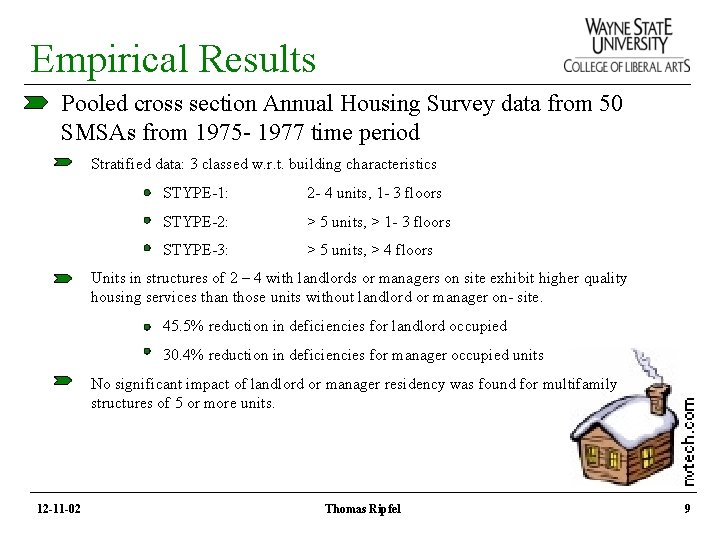 Empirical Results Pooled cross section Annual Housing Survey data from 50 SMSAs from 1975