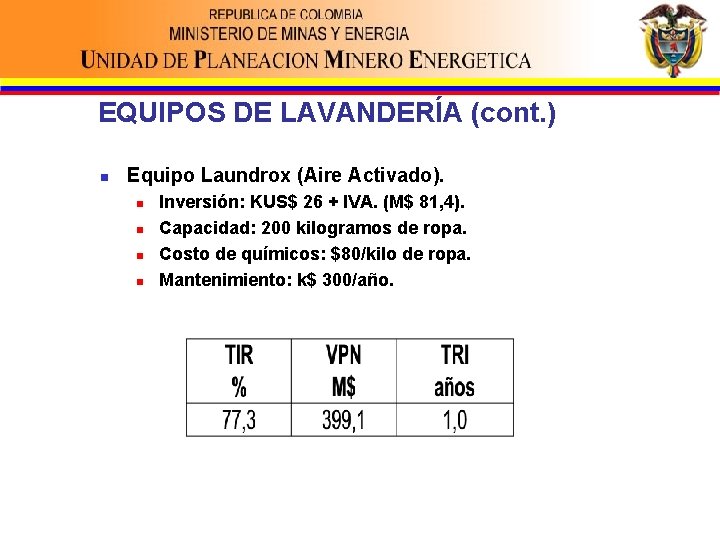 EQUIPOS DE LAVANDERÍA (cont. ) n Equipo Laundrox (Aire Activado). n n Inversión: KUS$