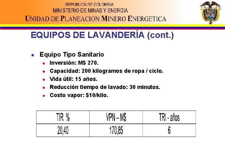 EQUIPOS DE LAVANDERÍA (cont. ) n Equipo Tipo Sanitario n n n Inversión: M$