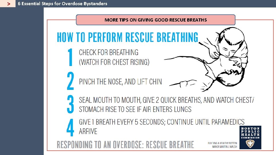 > 6 Essential Steps for Overdose Bystanders MORE TIPS ON GIVING GOOD RESCUE BREATHS