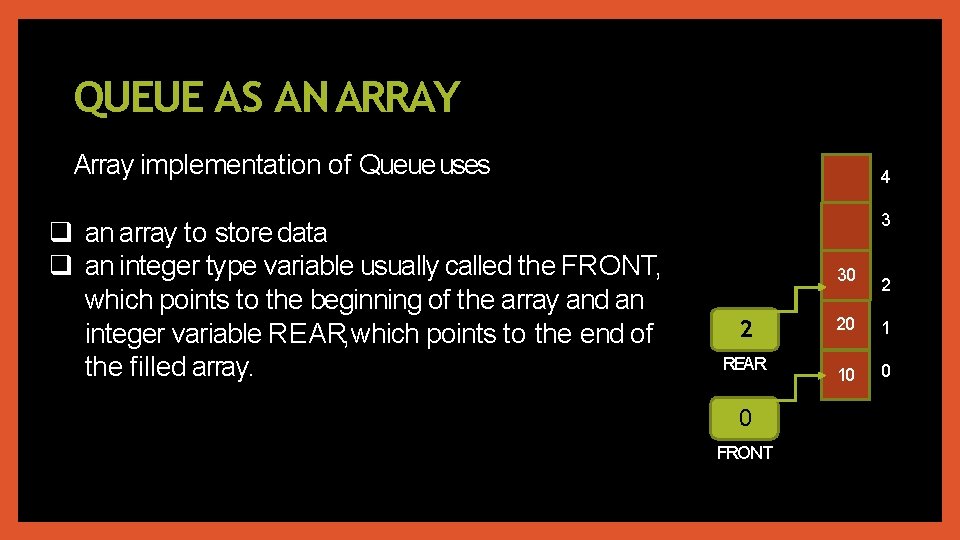 QUEUE AS AN ARRAY Array implementation of Queue uses an array to store data