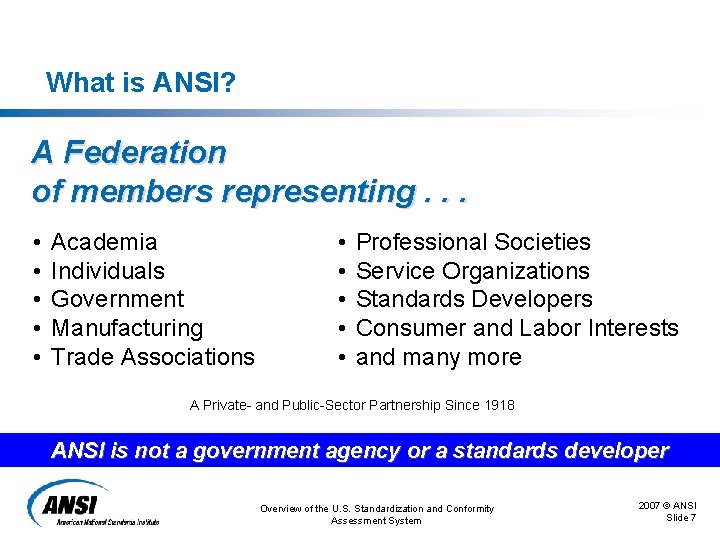 What is ANSI? A Federation of members representing. . . • • • Academia