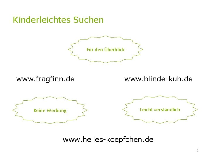 Kinderleichtes Suchen Für den Überblick www. fragfinn. de Keine Werbung www. blinde-kuh. de Leicht