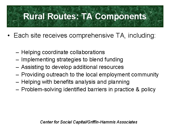 Rural Routes: TA Components • Each site receives comprehensive TA, including: – – –