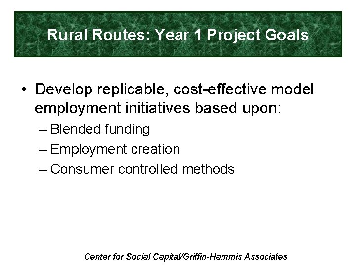Rural Routes: Year 1 Project Goals • Develop replicable, cost-effective model employment initiatives based