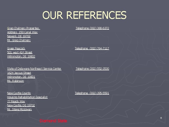 OUR REFERENCES Greg Chalmers Properties Address 150 Canal Way Newark, DE 19702 Mr. Greg