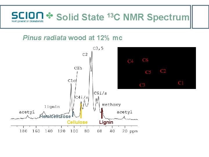 Solid State 13 C NMR Spectrum Pinus radiata wood at 12% mc Hemicellulose Cellulose
