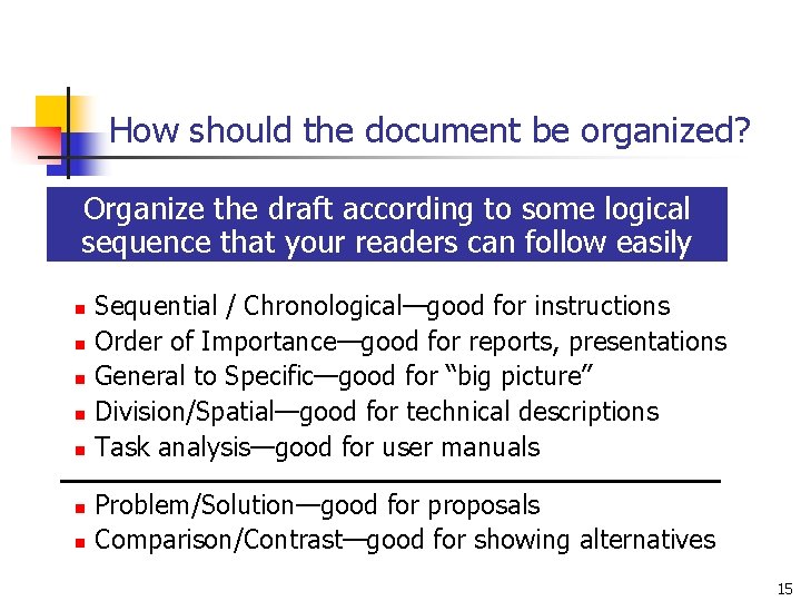 How should the document be organized? Organize the draft according to some logical sequence