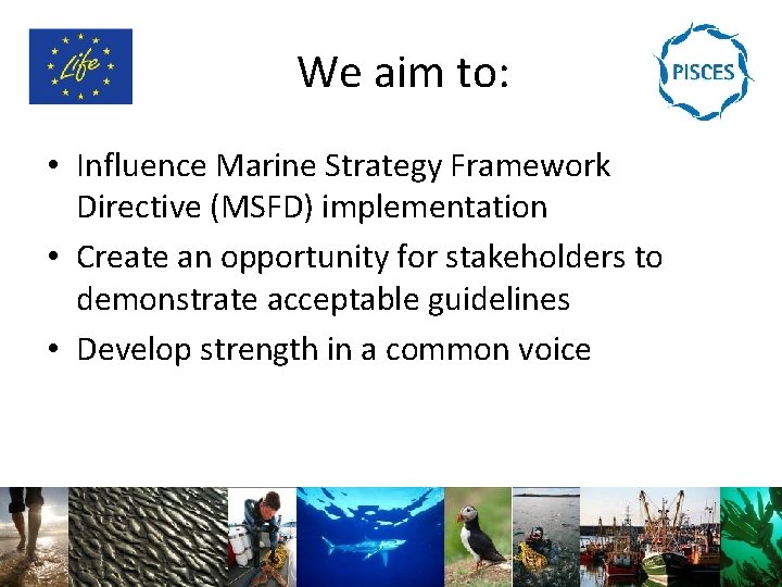 We aim to: • Influence Marine Strategy Framework Directive (MSFD) implementation • Create an