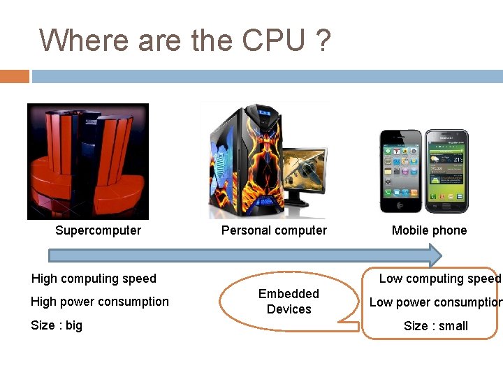 Where are the CPU ? Supercomputer Personal computer High computing speed High power consumption